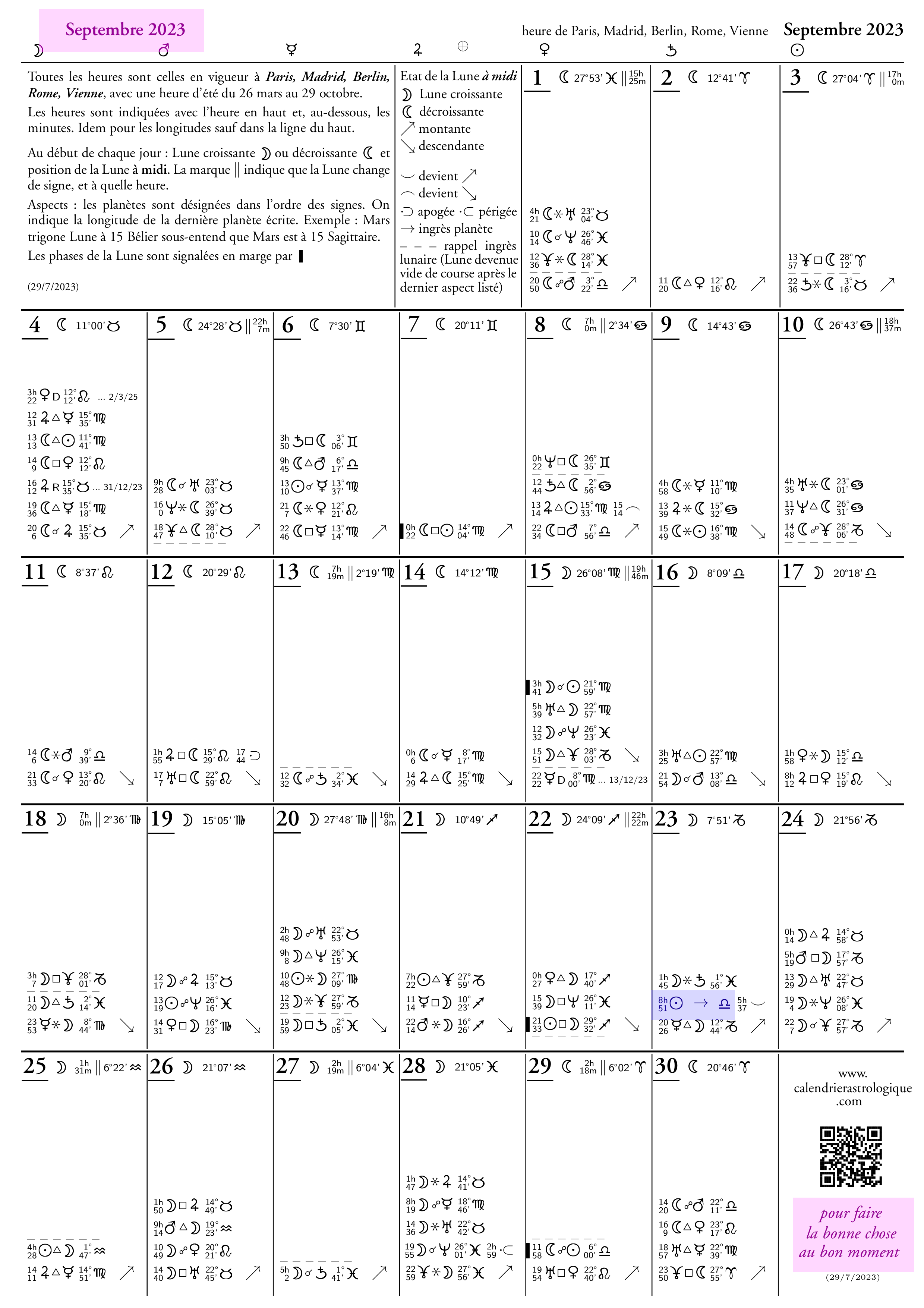 calendrier astrologique mural, septembre 2023