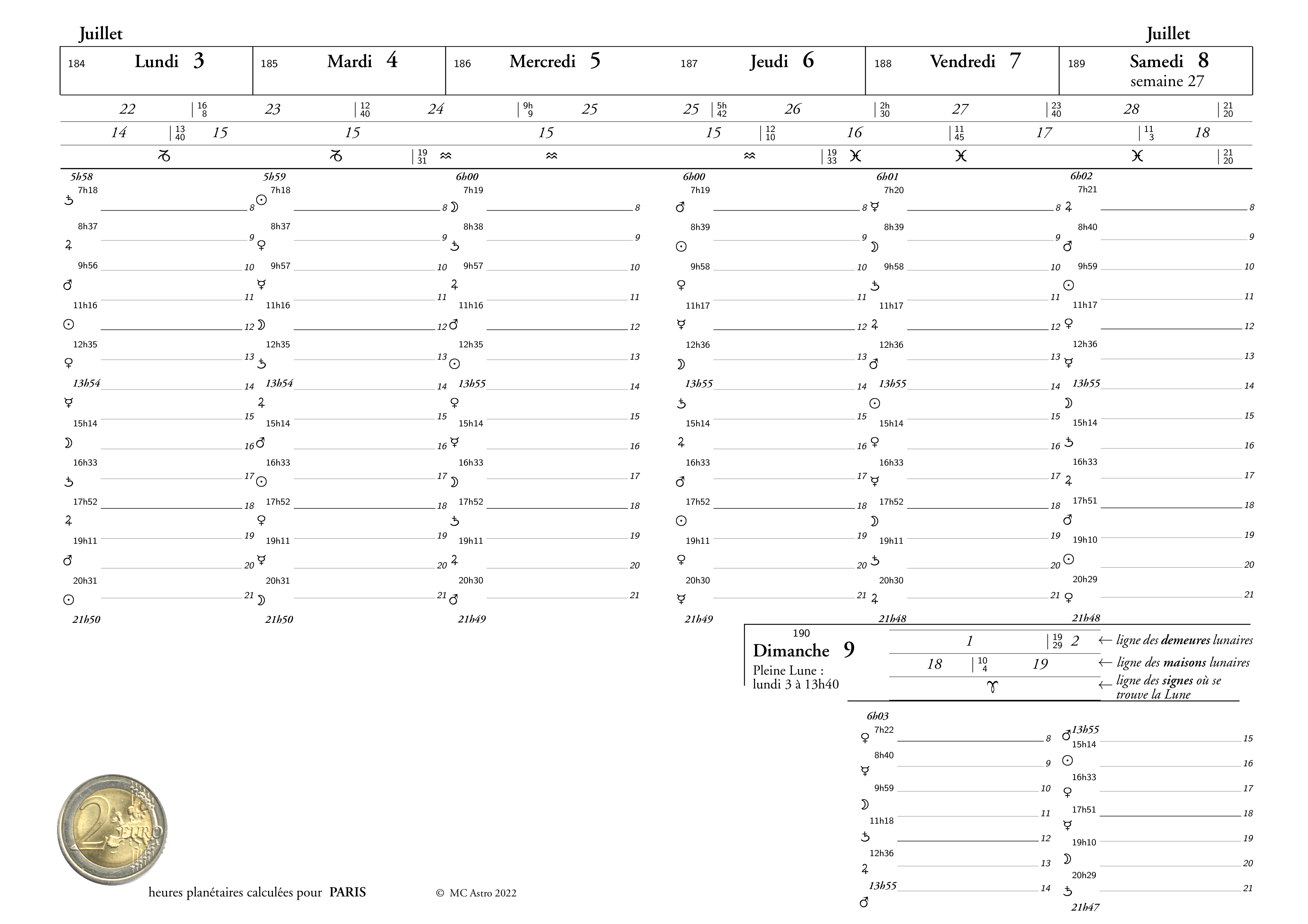 page intérieure de l'agenda essentiel, avec les heures planétaires
