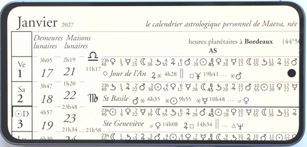 détail du calendrier astrologique personnalisé