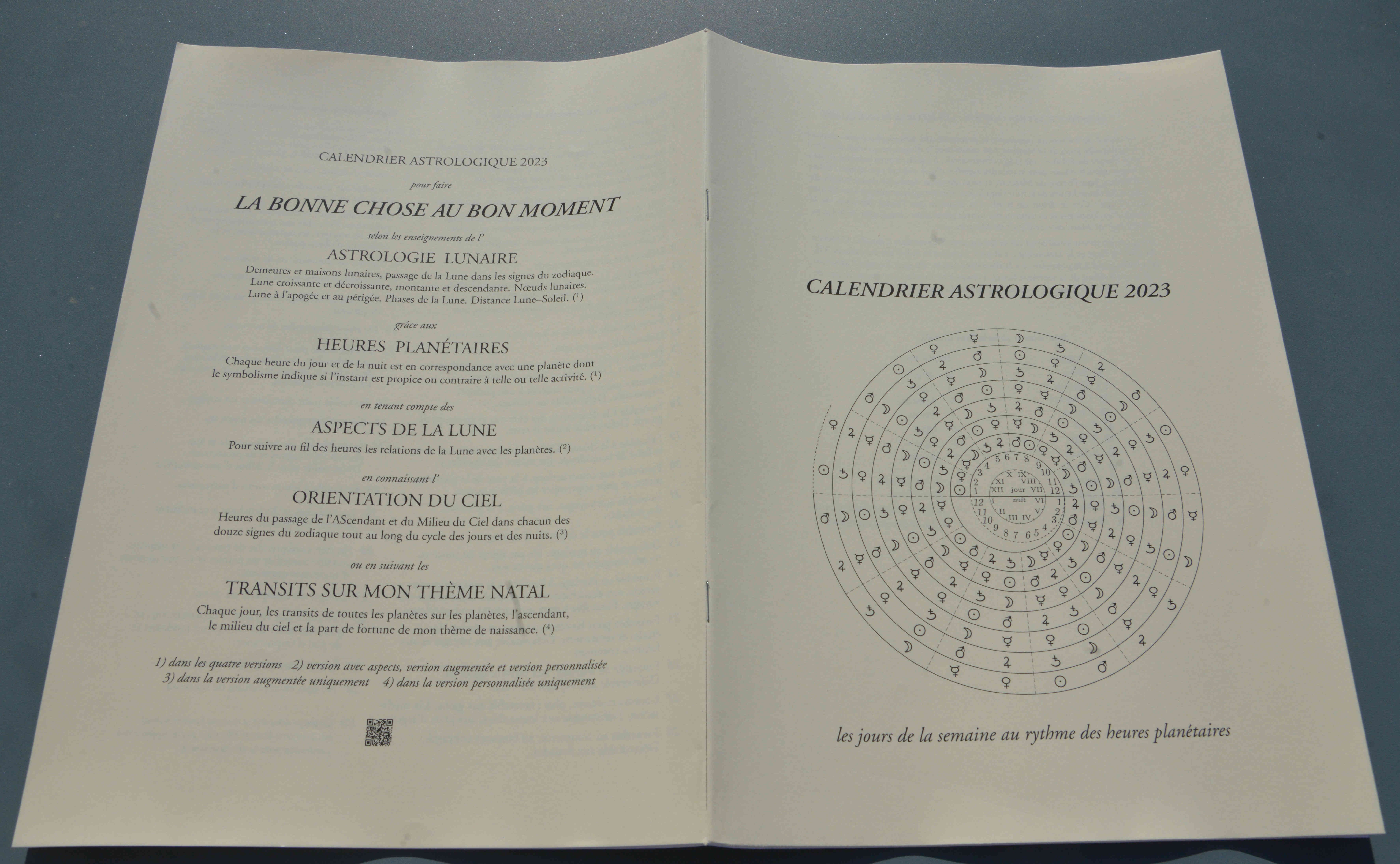 pages de couverture du calendrier avec astrologie lunaire, heures planétaires, transits sur thème natal