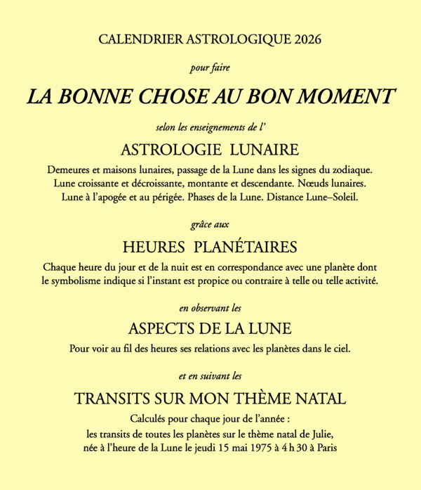 Le calendrier astrologique 2026 avec heures
planétaires et transits